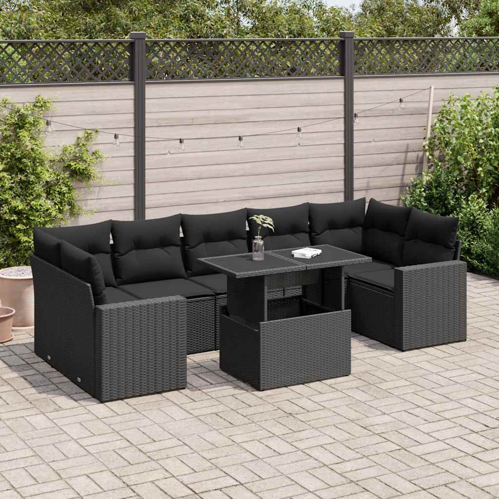 Salon de jardin 8 pcs avec coussins noir résine tressée