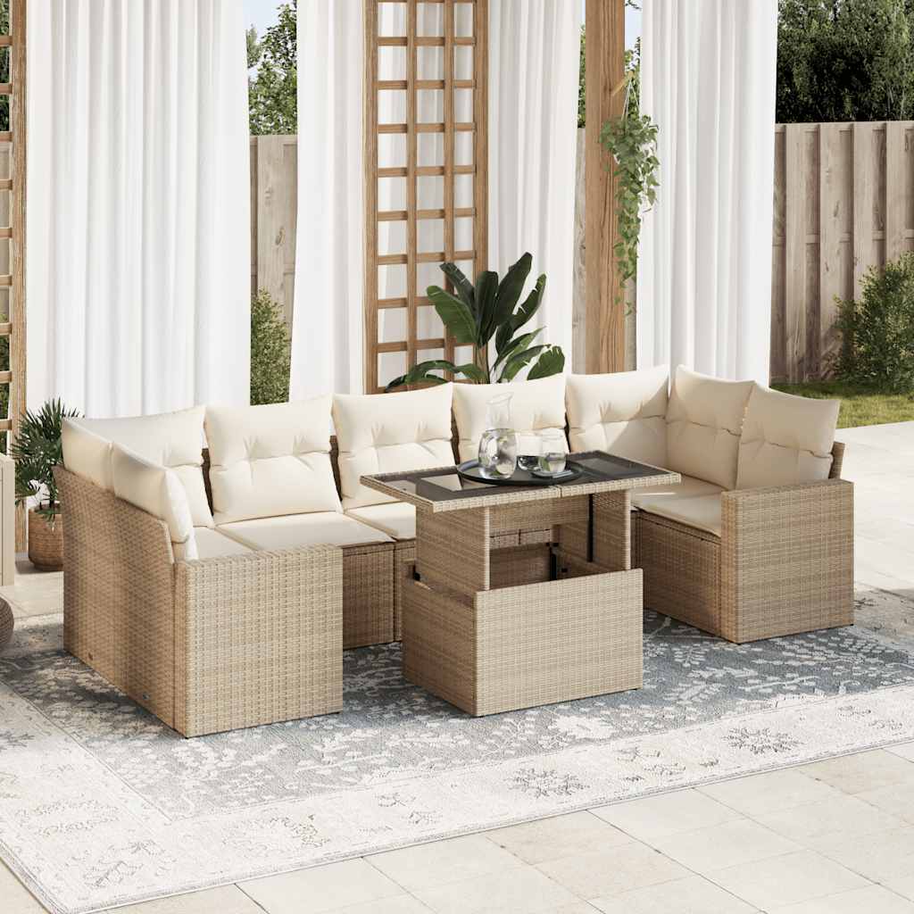 Salon de jardin avec coussins 8 pcs beige résine tressée