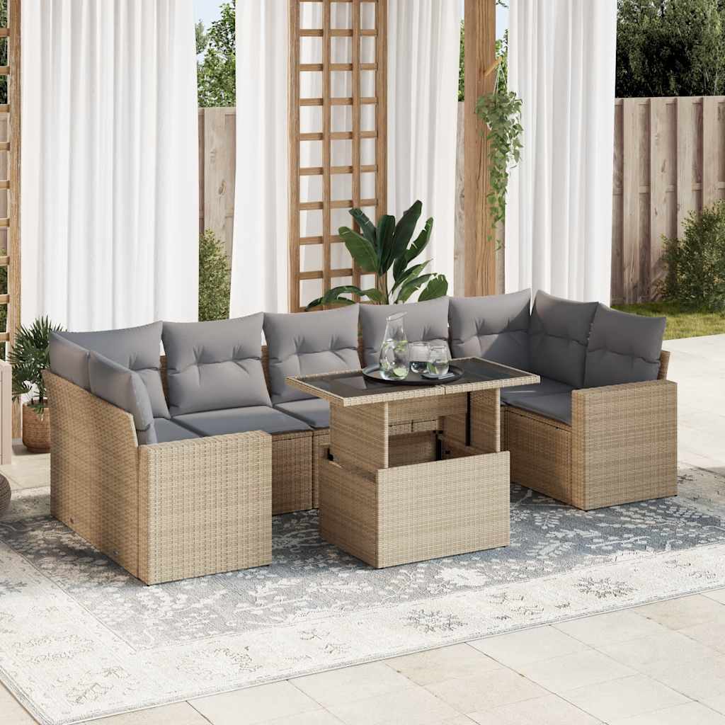 Salon de jardin avec coussins 8 pcs beige résine tressée