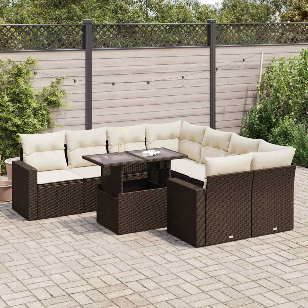 Salon de jardin avec coussins 9 pcs marron résine tressée