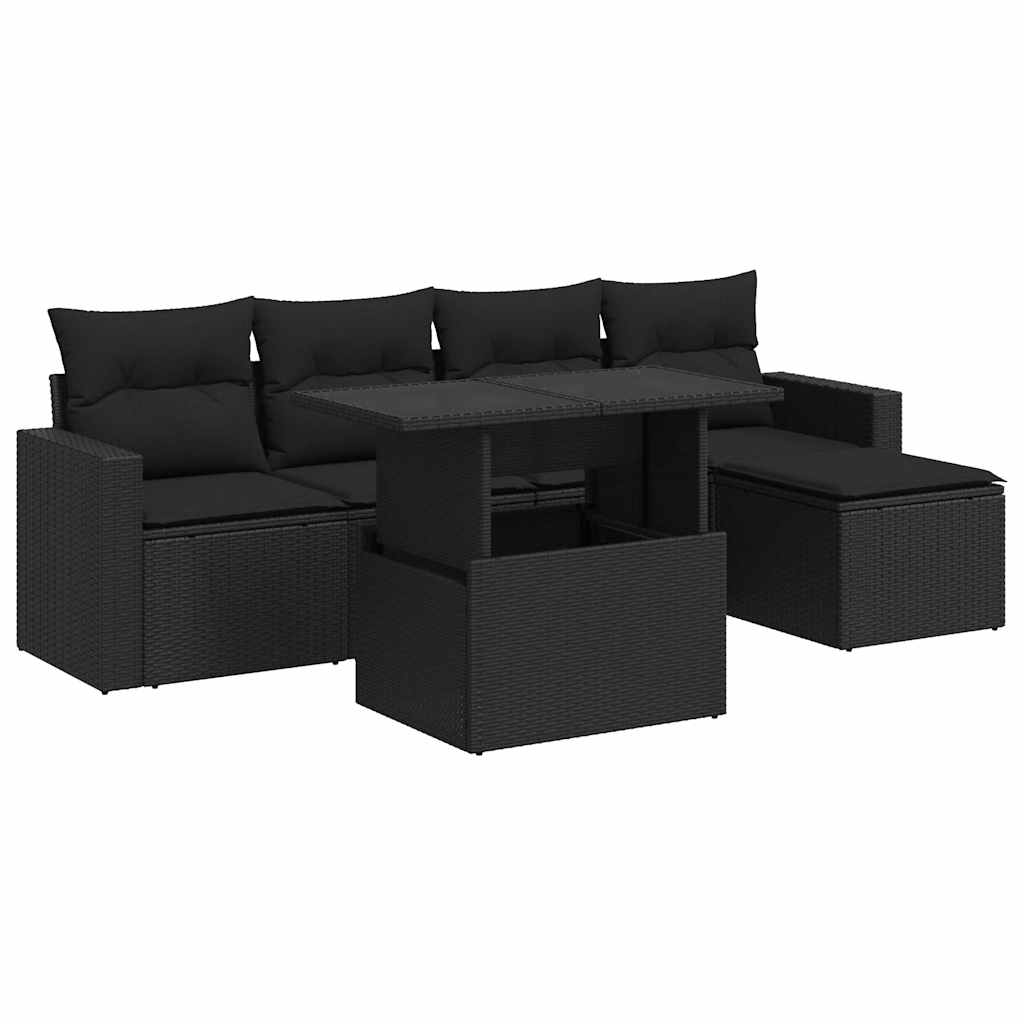 Salon de jardin 6 pcs avec coussins noir résine tressée