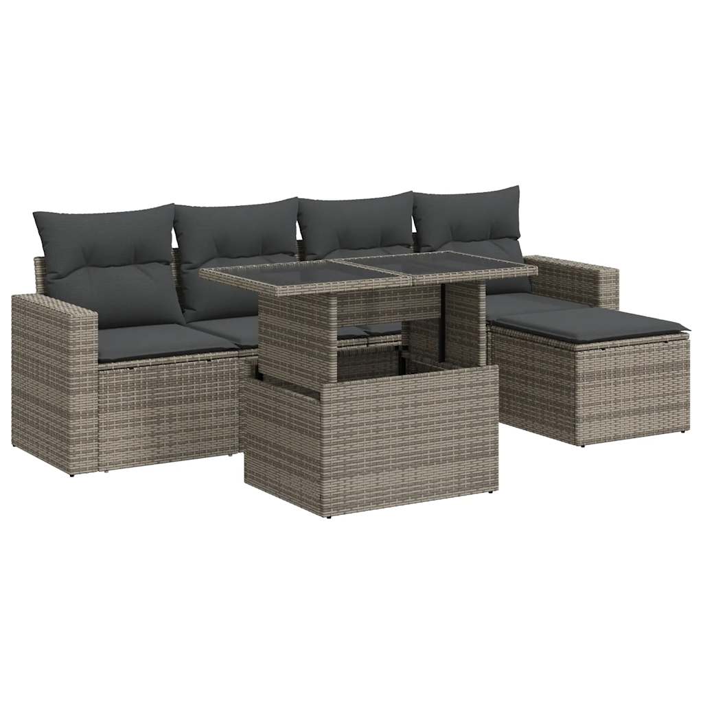 Salon de jardin 6 pcs avec coussins gris résine tressée