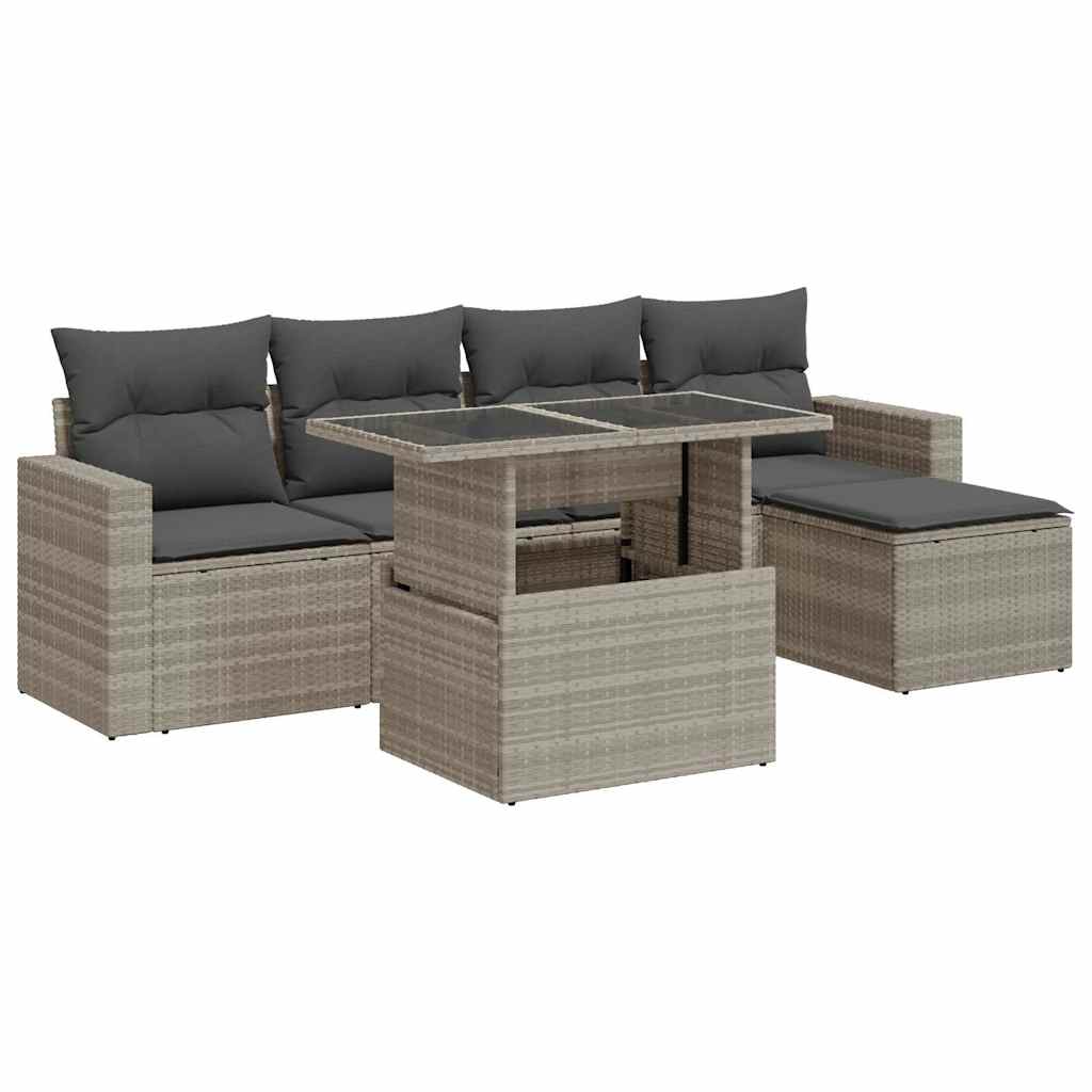 Salon de jardin 6 pcs avec coussins gris clair résine tressée