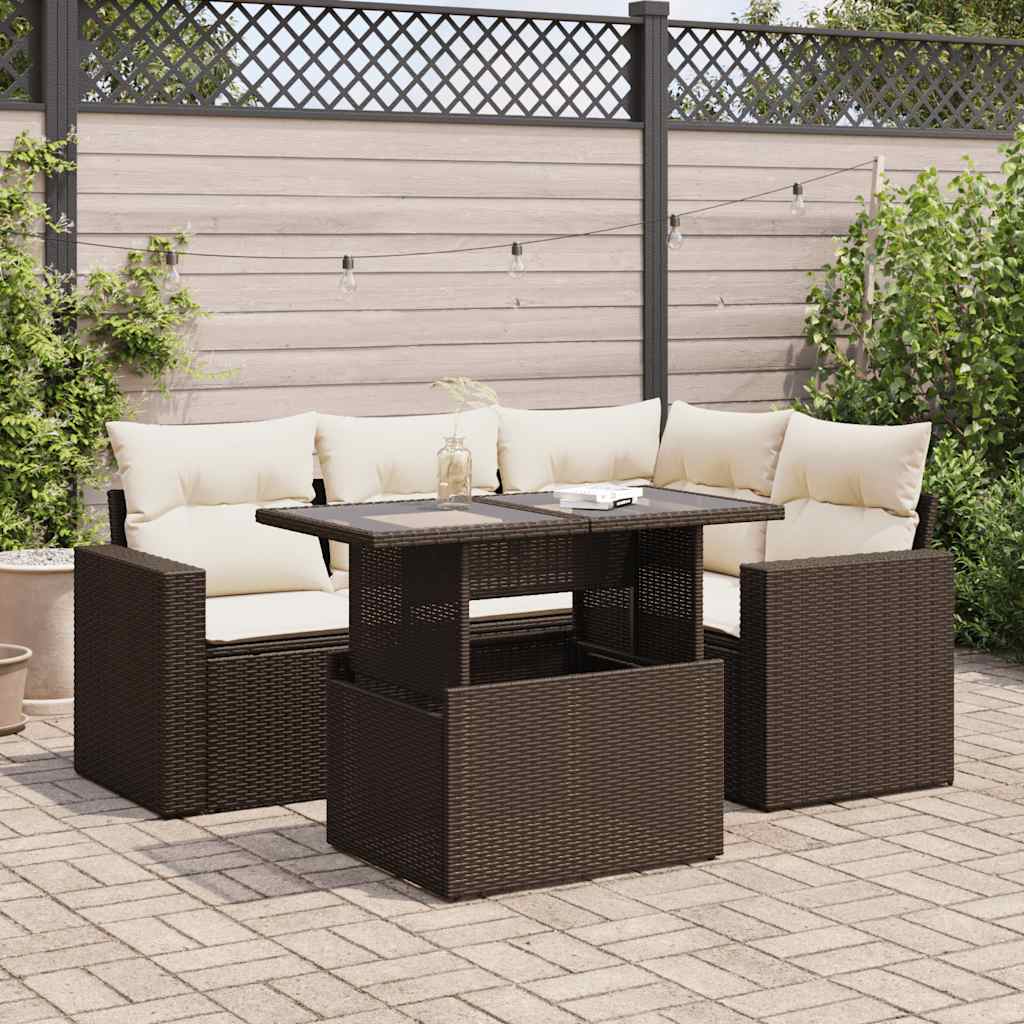 Salon de jardin avec coussins 5 pcs marron résine tressée