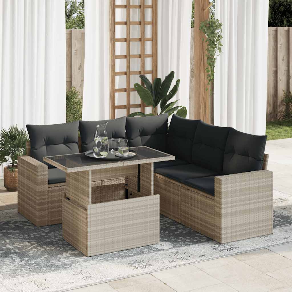 Salon de jardin 6 pcs avec coussins gris clair résine tressée