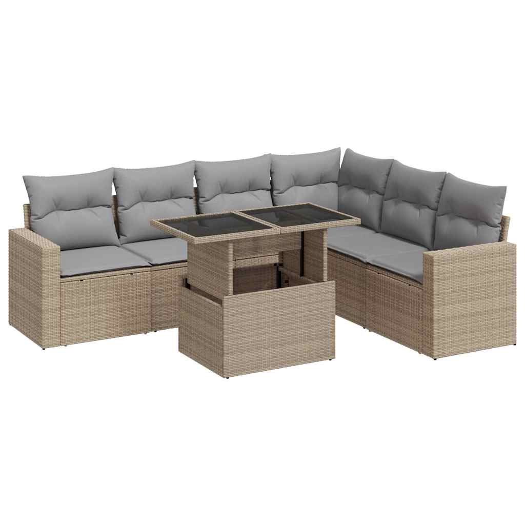 Salon de jardin avec coussins 7 pcs beige résine tressée