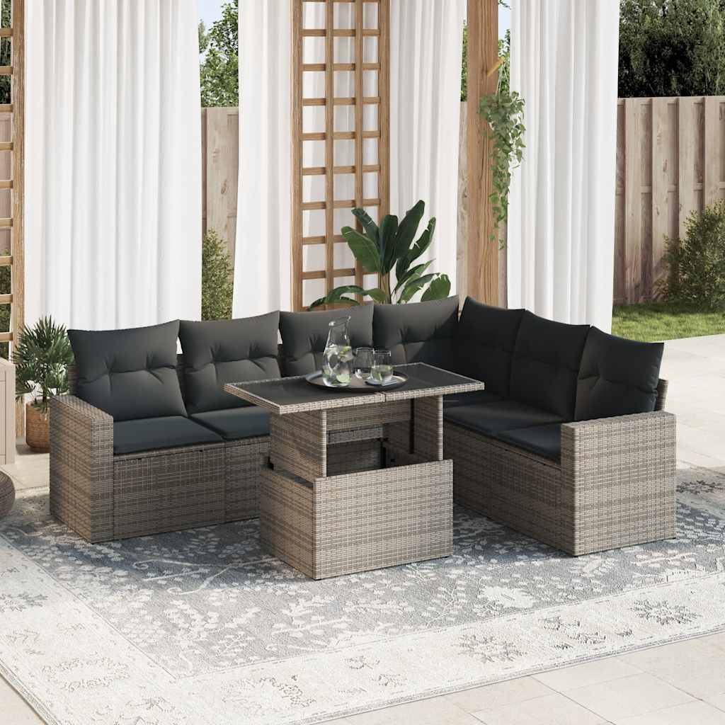 Salon de jardin avec coussins 7 pcs gris résine tressée