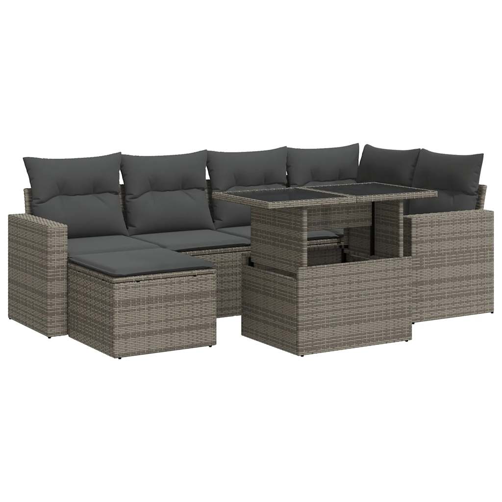 Salon de jardin avec coussins 7 pcs gris résine tressée