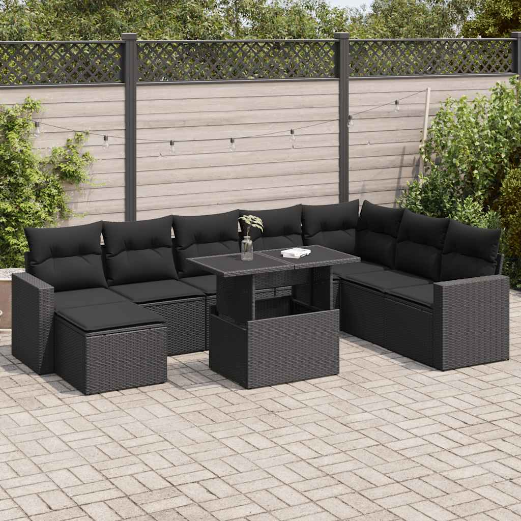 Salon de jardin 9 pcs avec coussins noir résine tressée