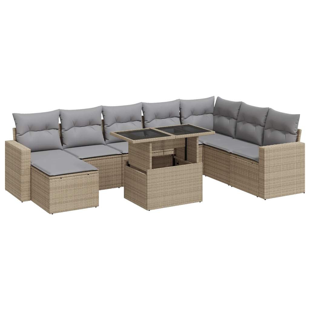 Salon de jardin avec coussins 9 pcs beige résine tressée