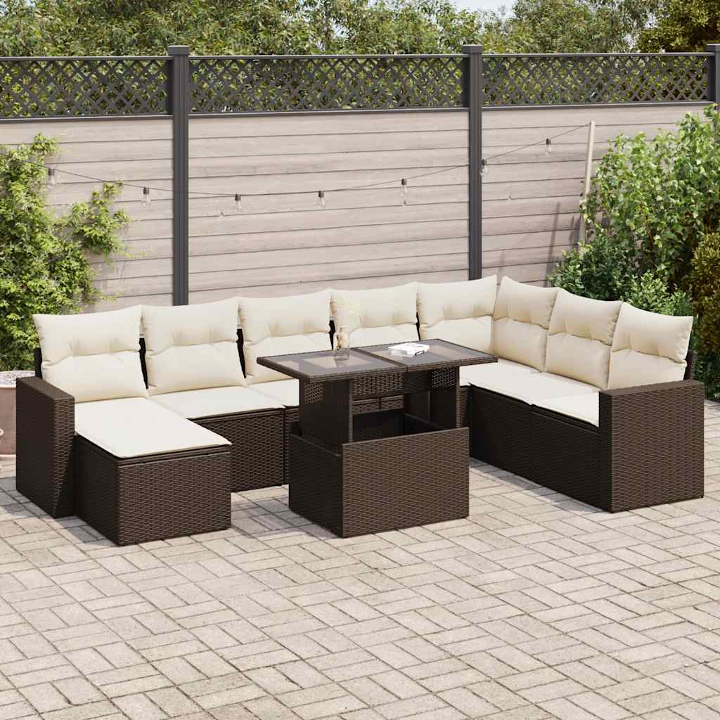 Salon de jardin avec coussins 9 pcs marron résine tressée