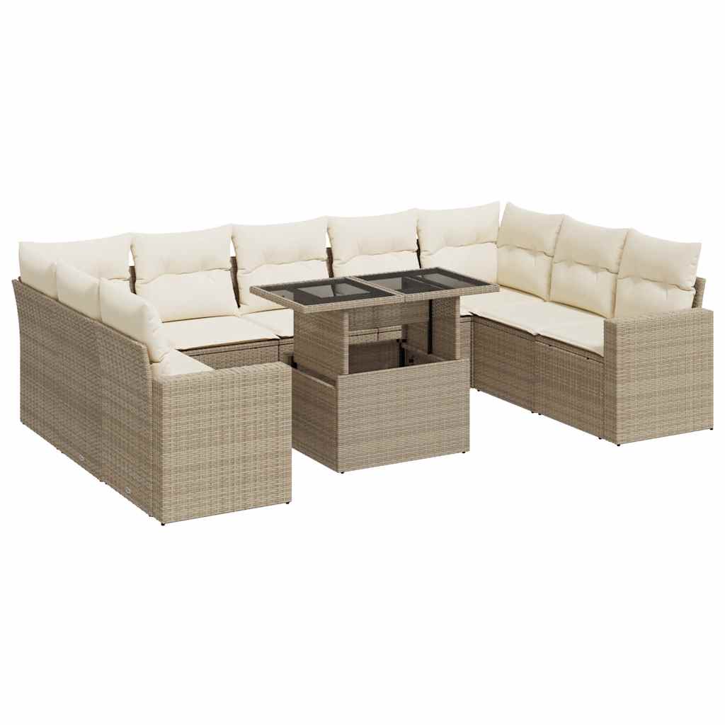 Salon de jardin avec coussins 10 pcs beige résine tressée