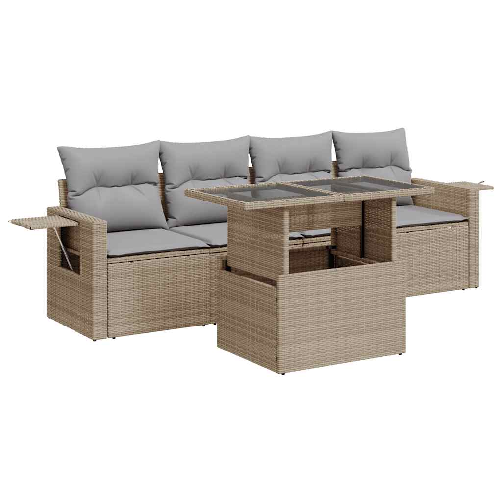 Salon de jardin avec coussins 5 pcs beige résine tressée