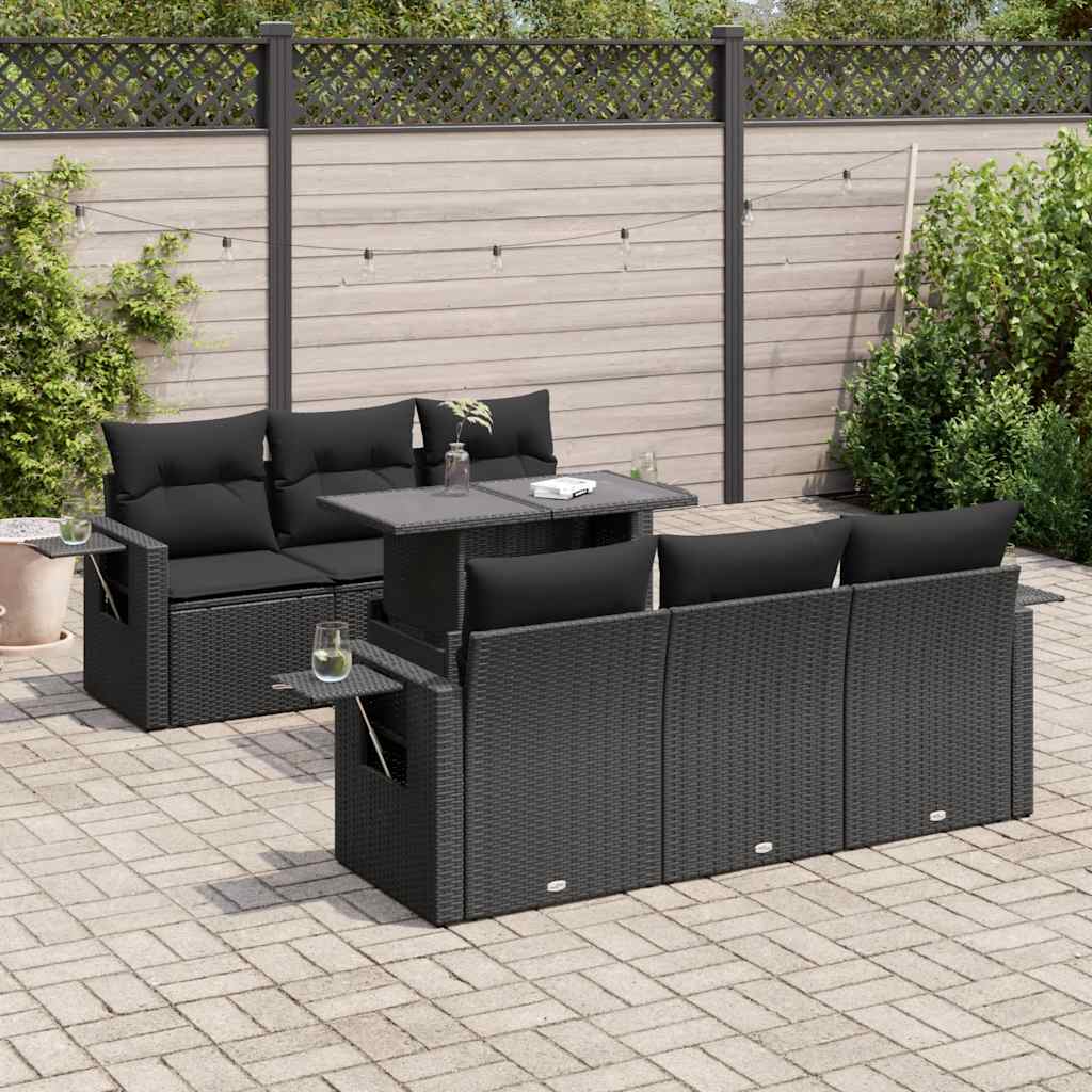 Salon de jardin 7 pcs avec coussins noir résine tressée