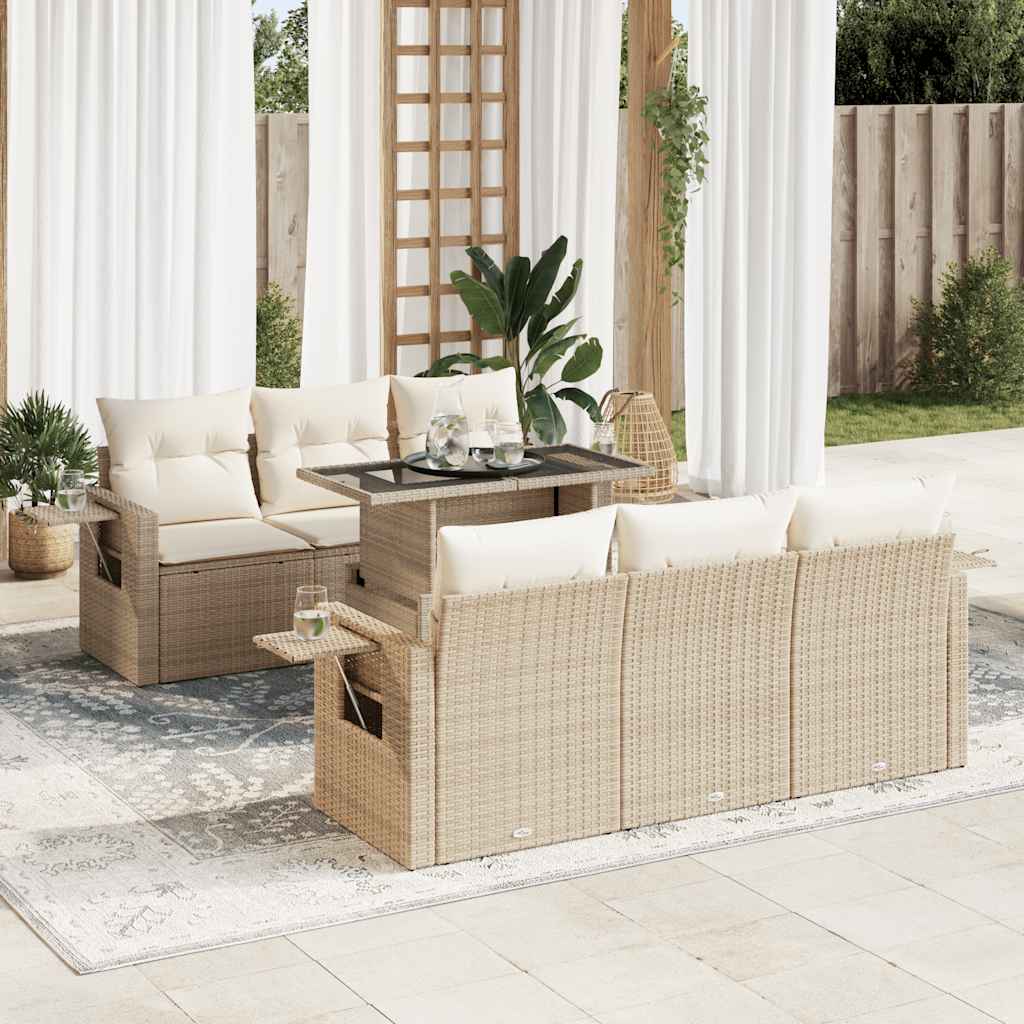 Salon de jardin avec coussins 7 pcs beige résine tressée