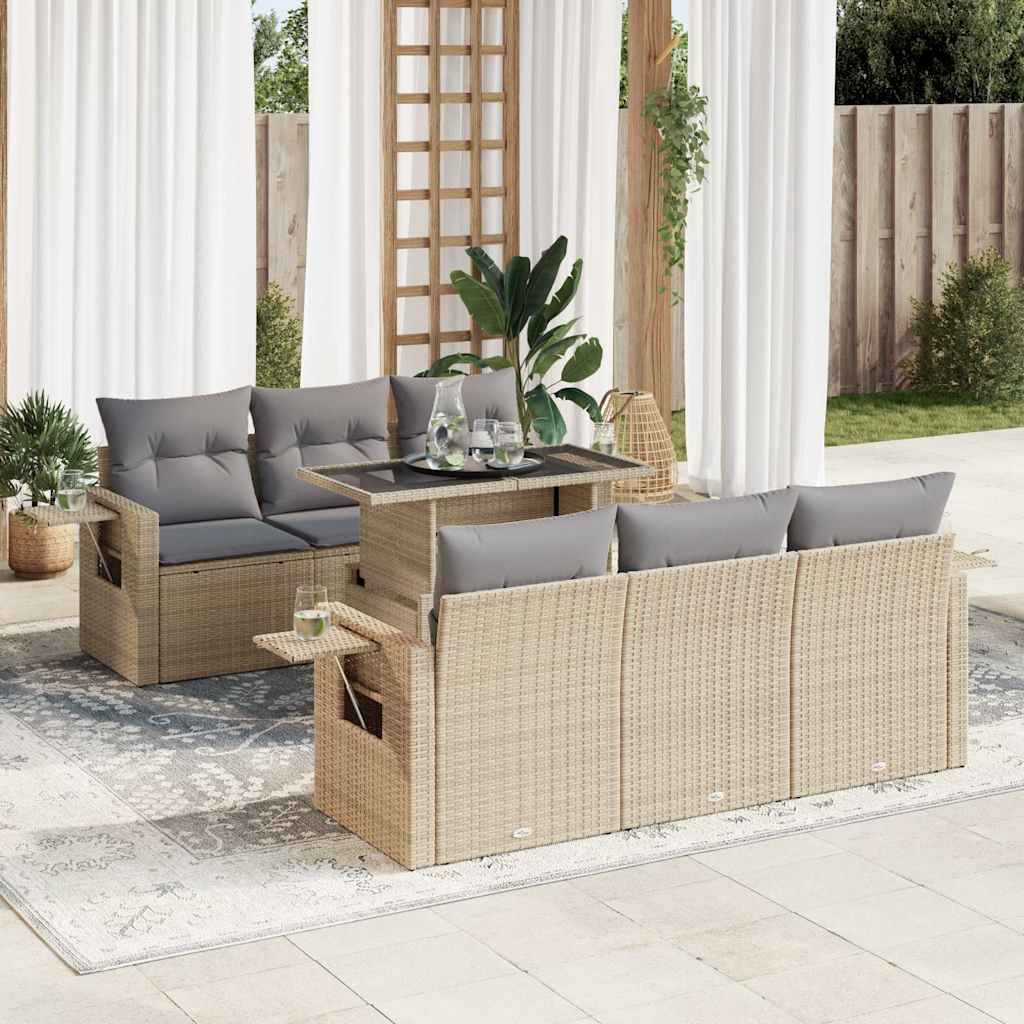 Salon de jardin avec coussins 7 pcs beige résine tressée