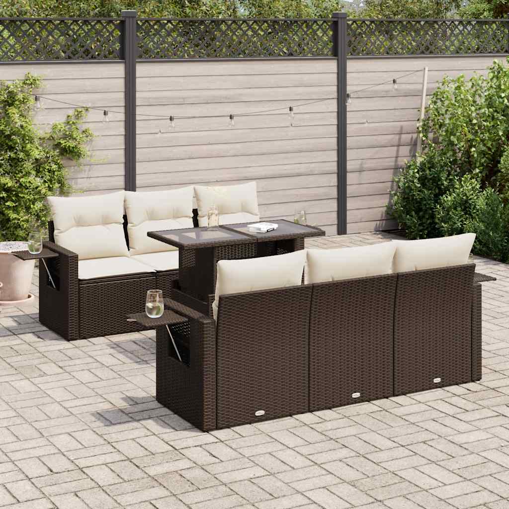 Salon de jardin avec coussins 7 pcs marron résine tressée