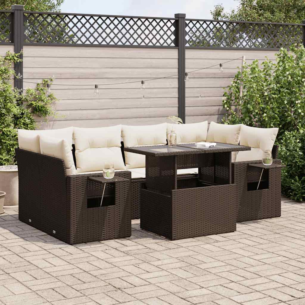 Salon de jardin avec coussins 7 pcs marron résine tressée