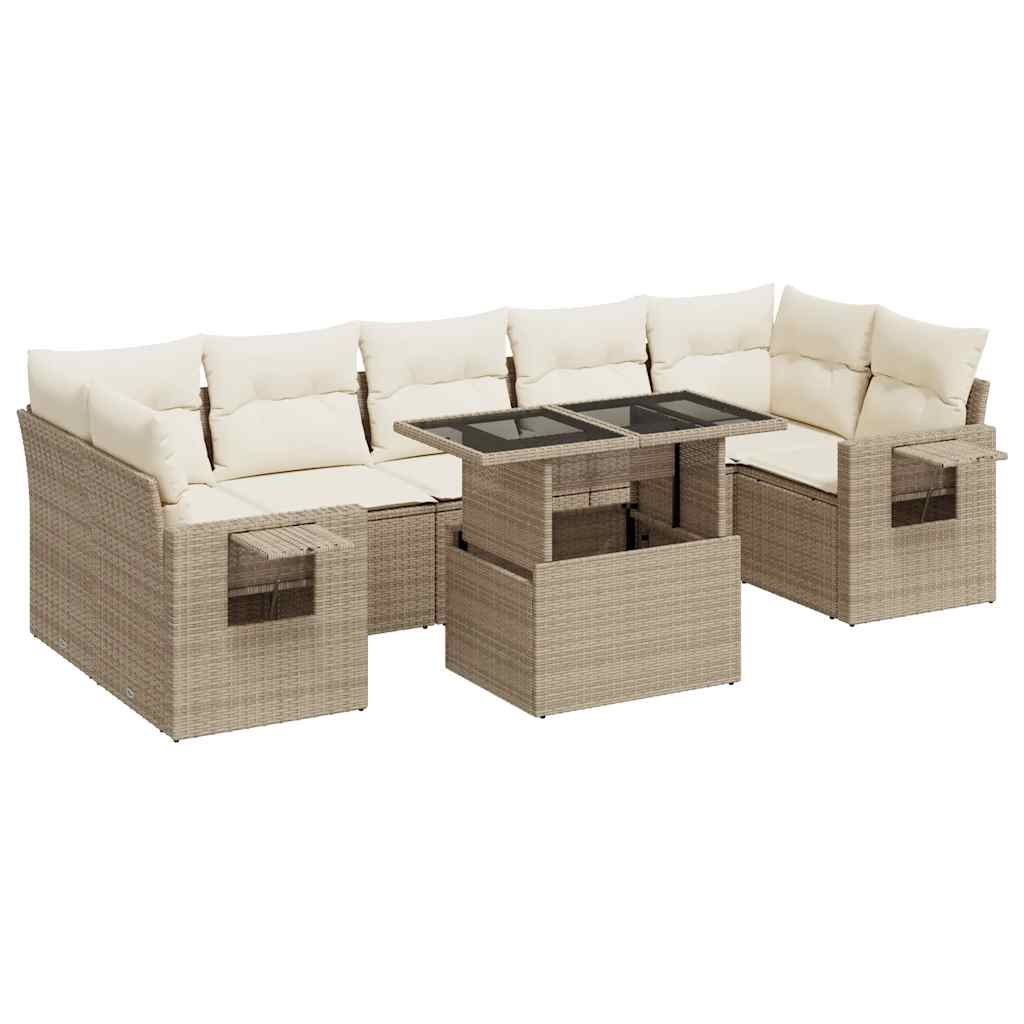 Salon de jardin avec coussins 8 pcs beige résine tressée