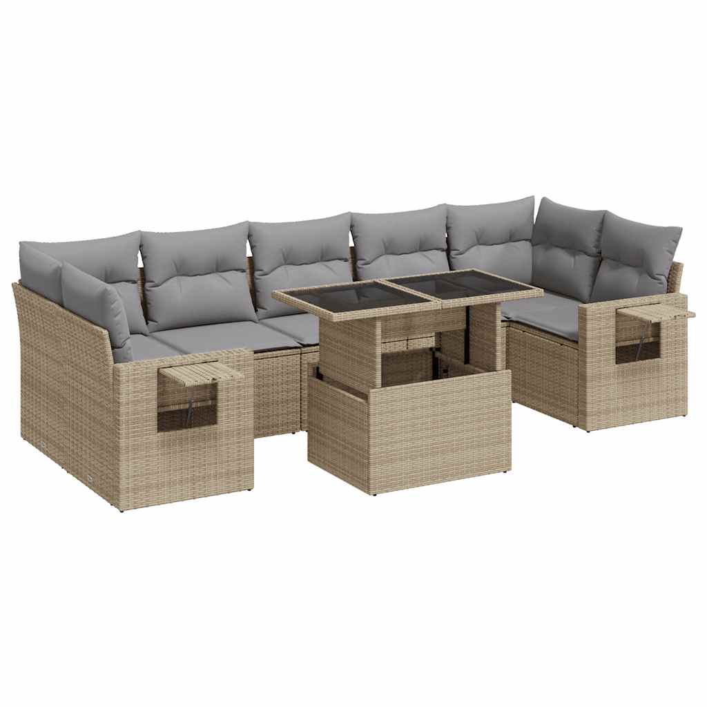 Salon de jardin avec coussins 8 pcs beige résine tressée