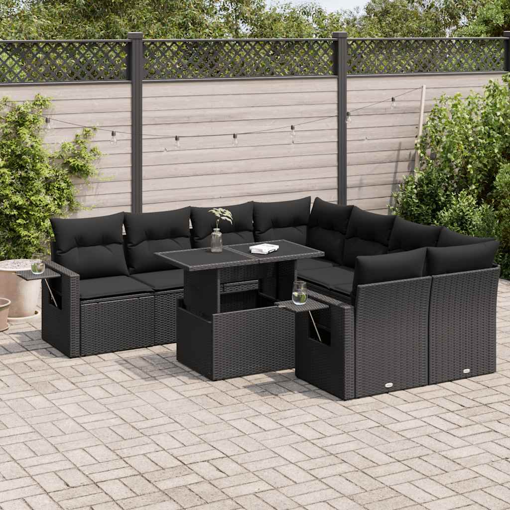 Salon de jardin 9 pcs avec coussins noir résine tressée