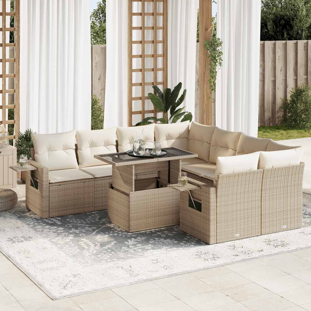 Salon de jardin avec coussins 9 pcs beige résine tressée