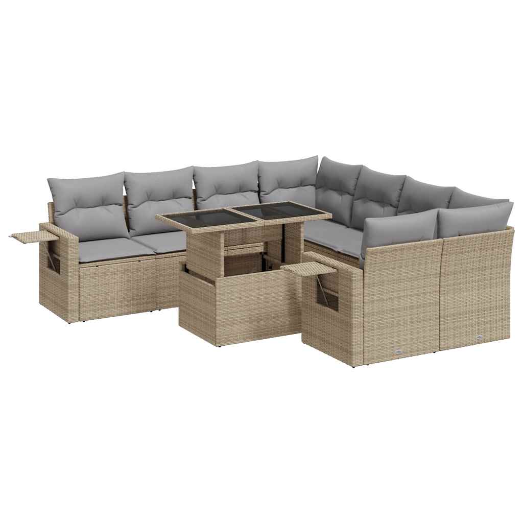 Salon de jardin avec coussins 9 pcs beige résine tressée