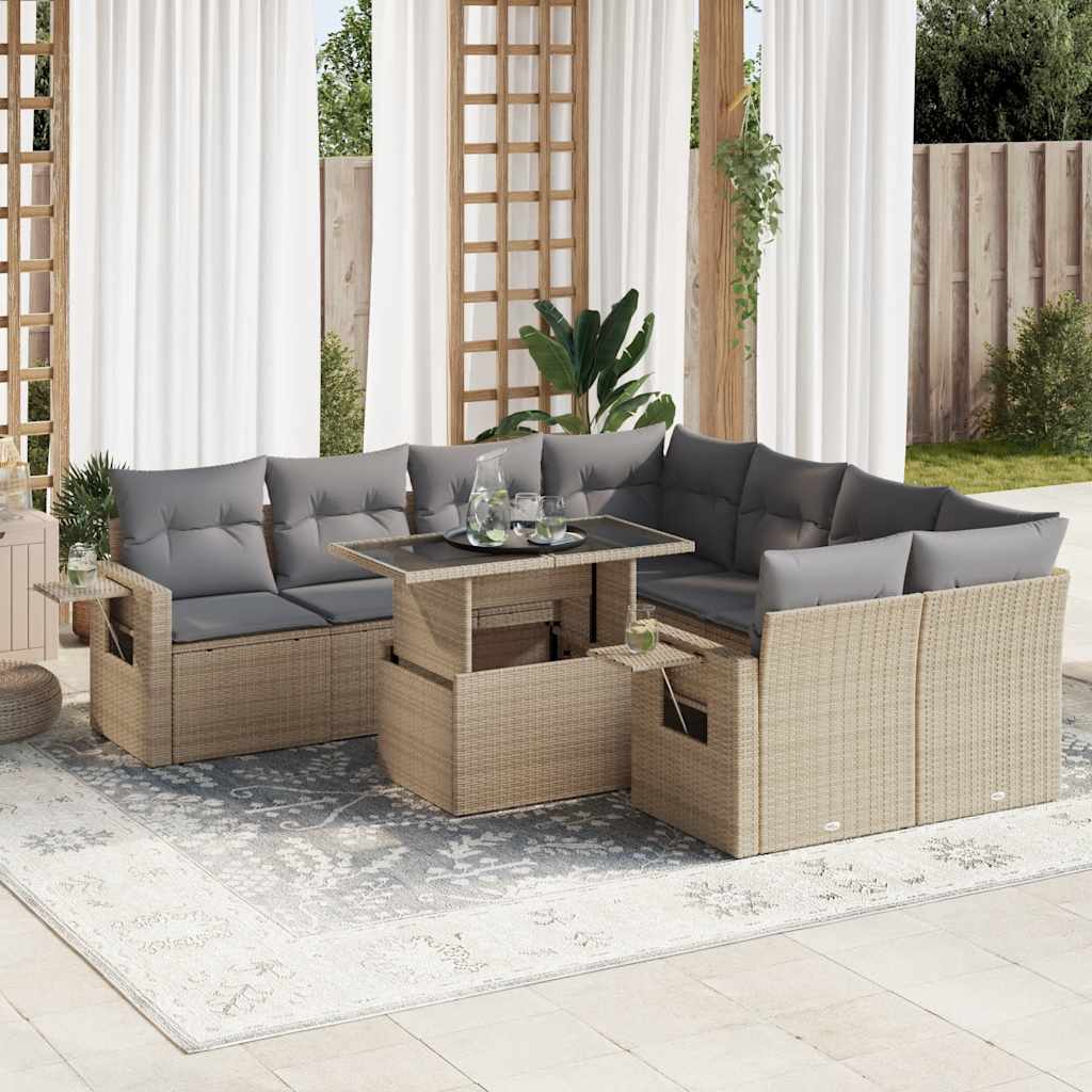 Salon de jardin avec coussins 9 pcs beige résine tressée