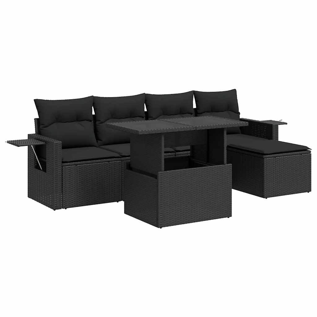 Salon de jardin 6 pcs avec coussins noir résine tressée