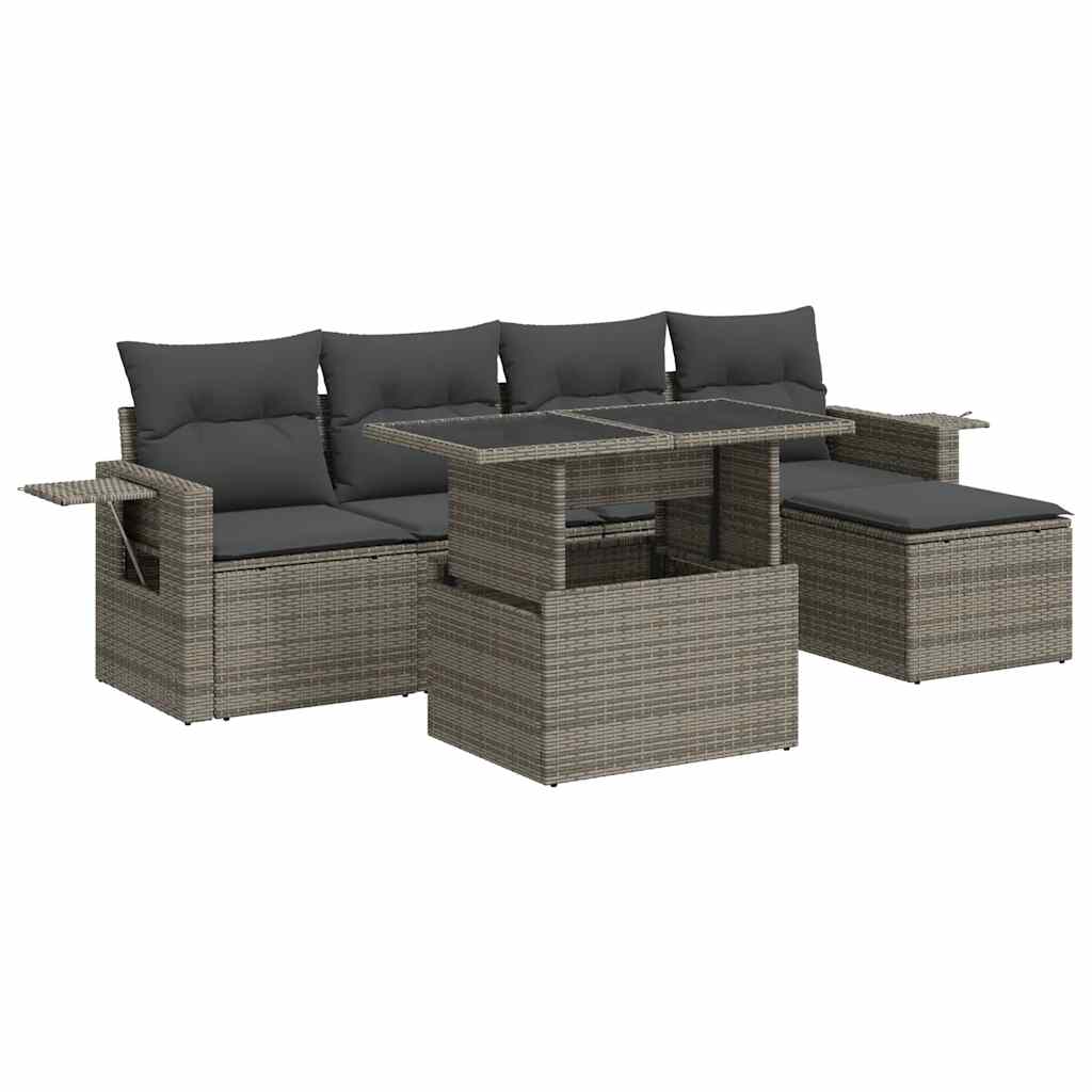 Salon de jardin 6 pcs avec coussins gris résine tressée