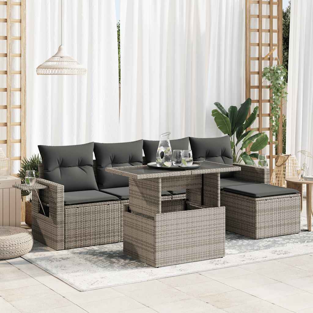 Salon de jardin 6 pcs avec coussins gris résine tressée