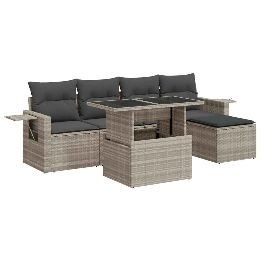 Salon de jardin 6 pcs avec coussins gris clair résine tressée