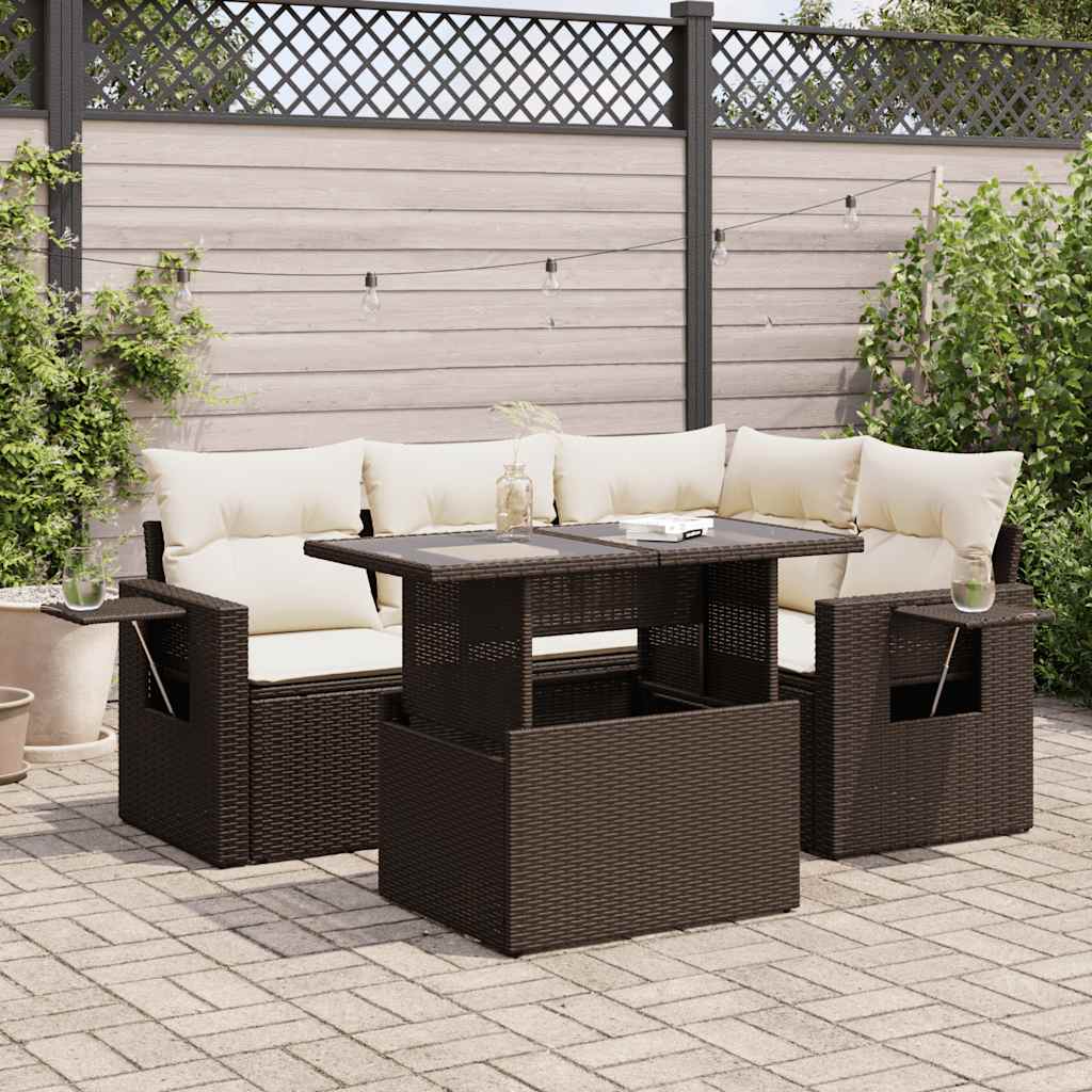 Salon de jardin avec coussins 5 pcs marron résine tressée