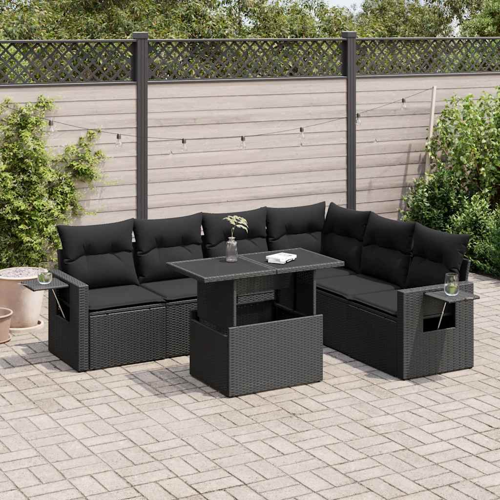 Salon de jardin 7 pcs avec coussins noir résine tressée