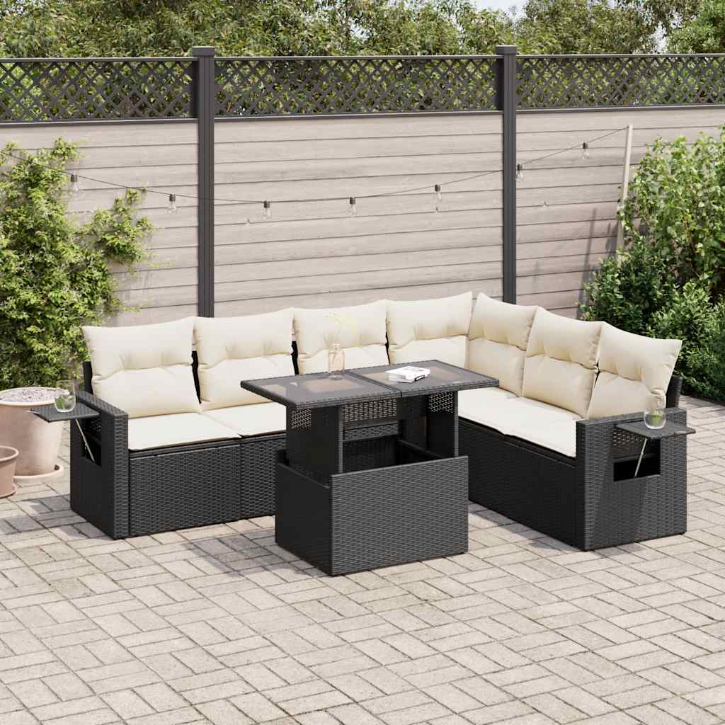 Salon de jardin 7 pcs avec coussins noir résine tressée