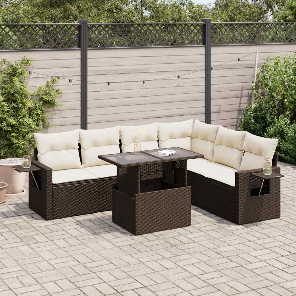 Salon de jardin avec coussins 7 pcs marron résine tressée