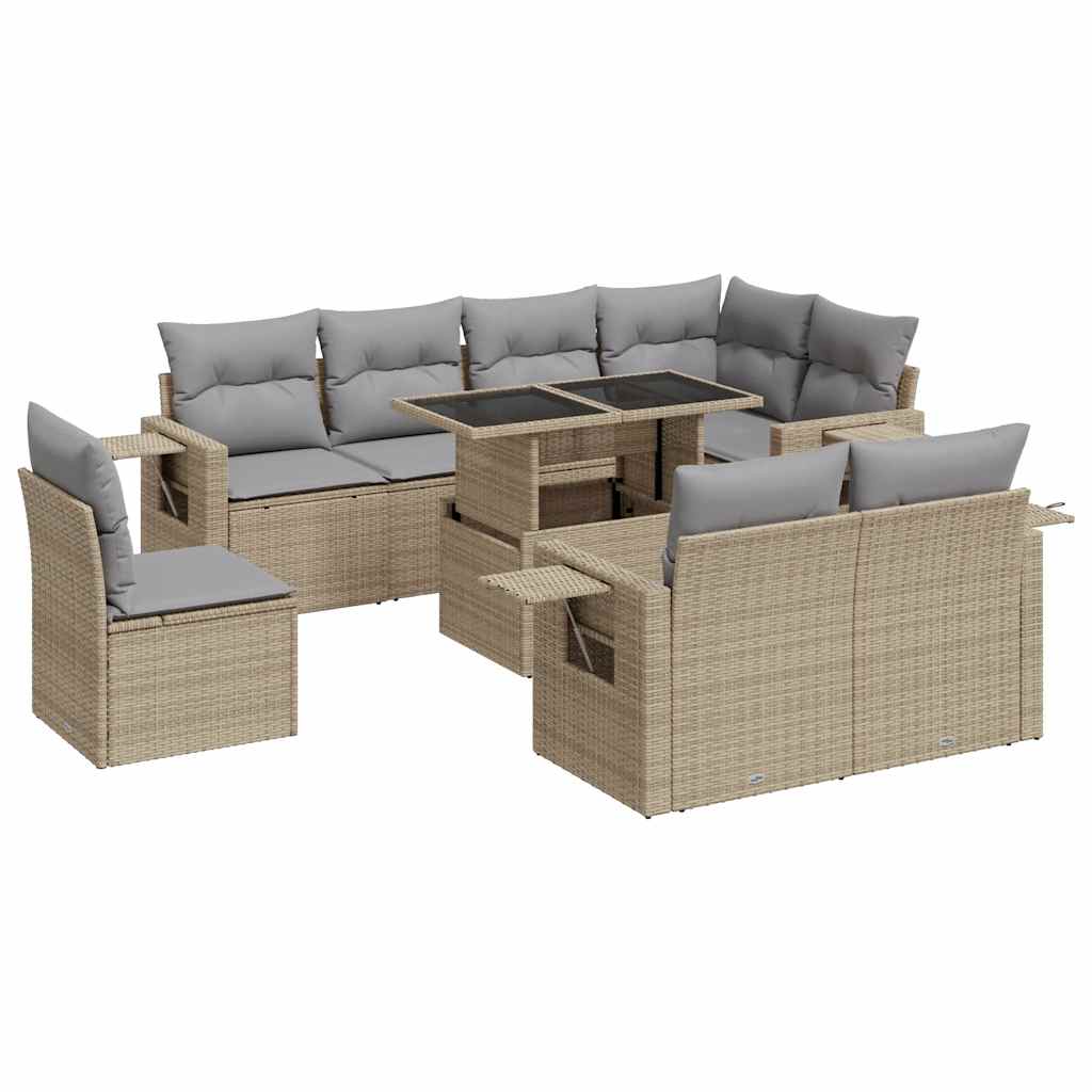 Salon de jardin avec coussins 9 pcs beige résine tressée