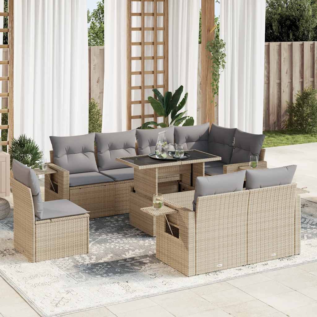 Salon de jardin avec coussins 9 pcs beige résine tressée