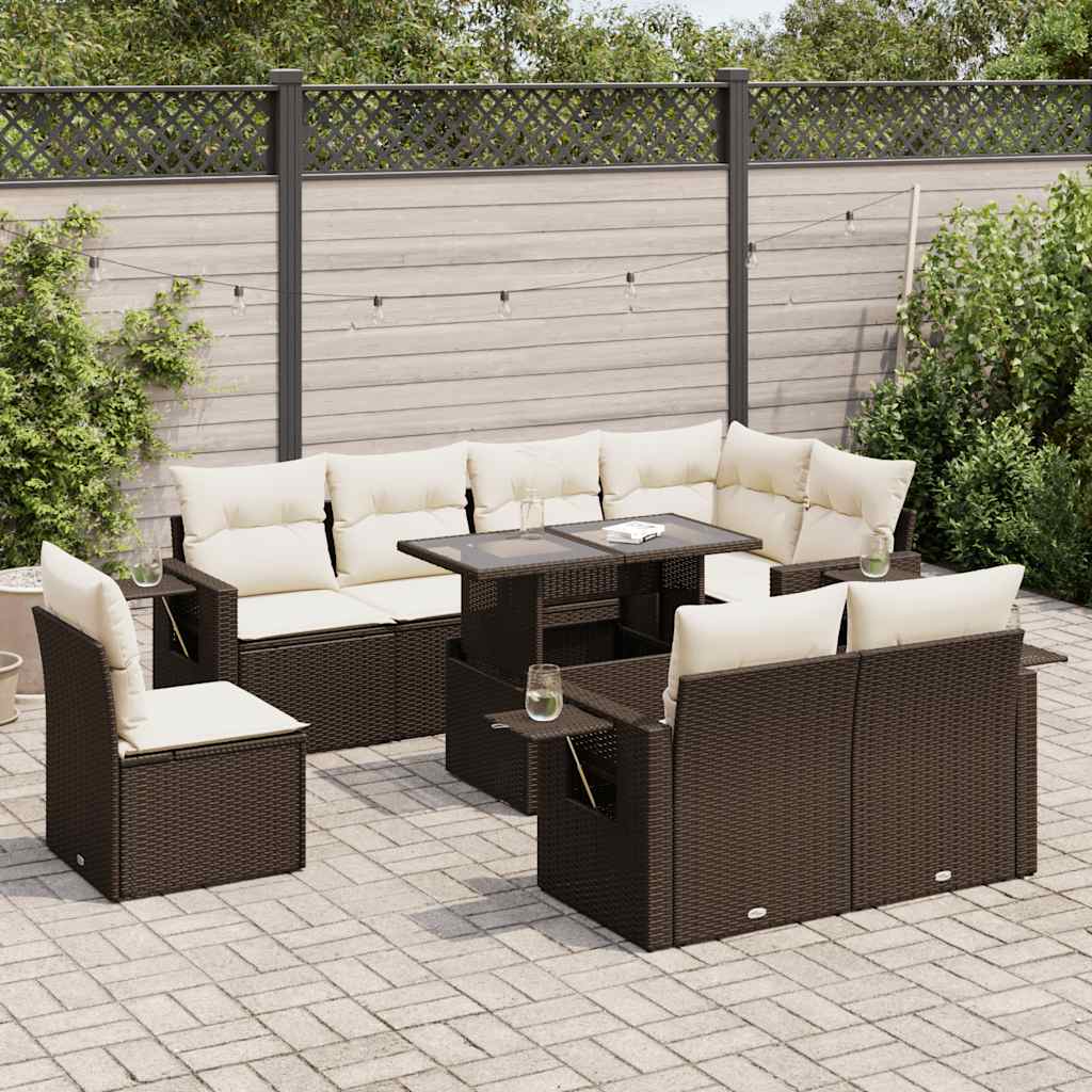 Salon de jardin avec coussins 9 pcs marron résine tressée