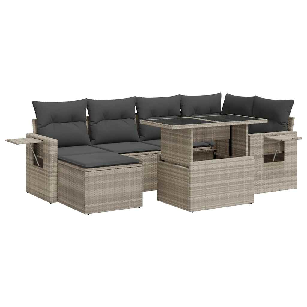 Salon de jardin avec coussins 7 pcs gris clair résine tressée