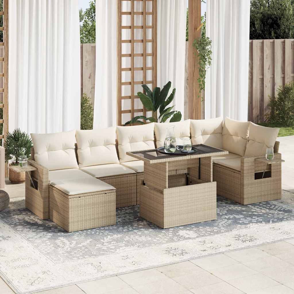 Salon de jardin avec coussins 8 pcs beige résine tressée