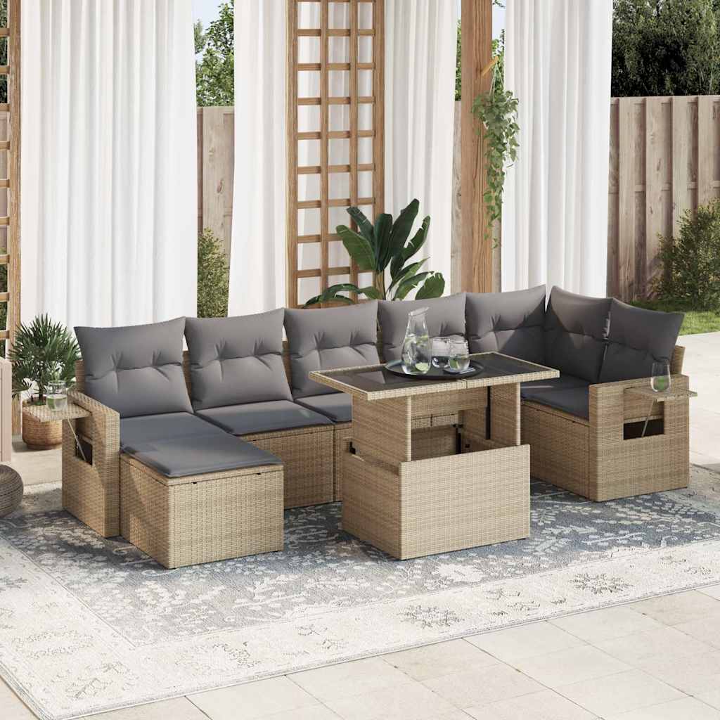 Salon de jardin avec coussins 8 pcs beige résine tressée