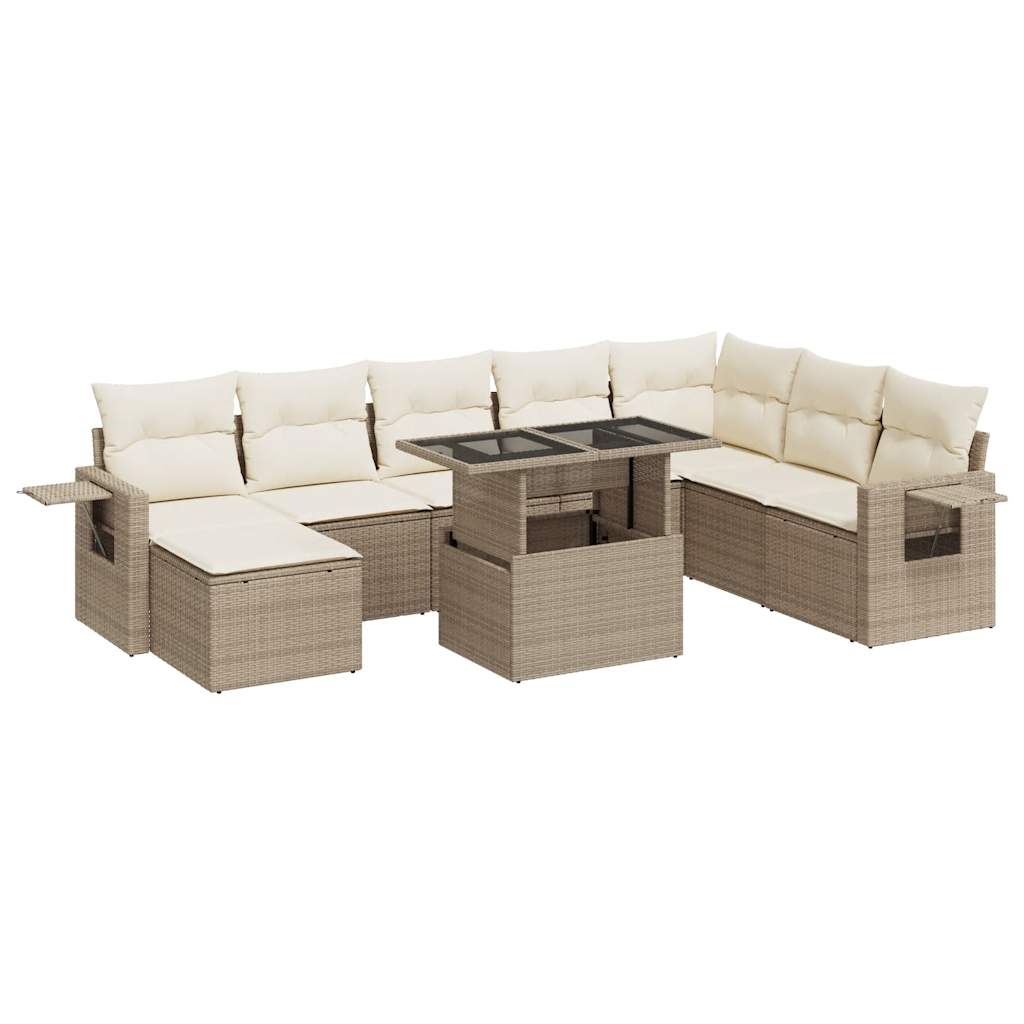 Salon de jardin avec coussins 9 pcs beige résine tressée