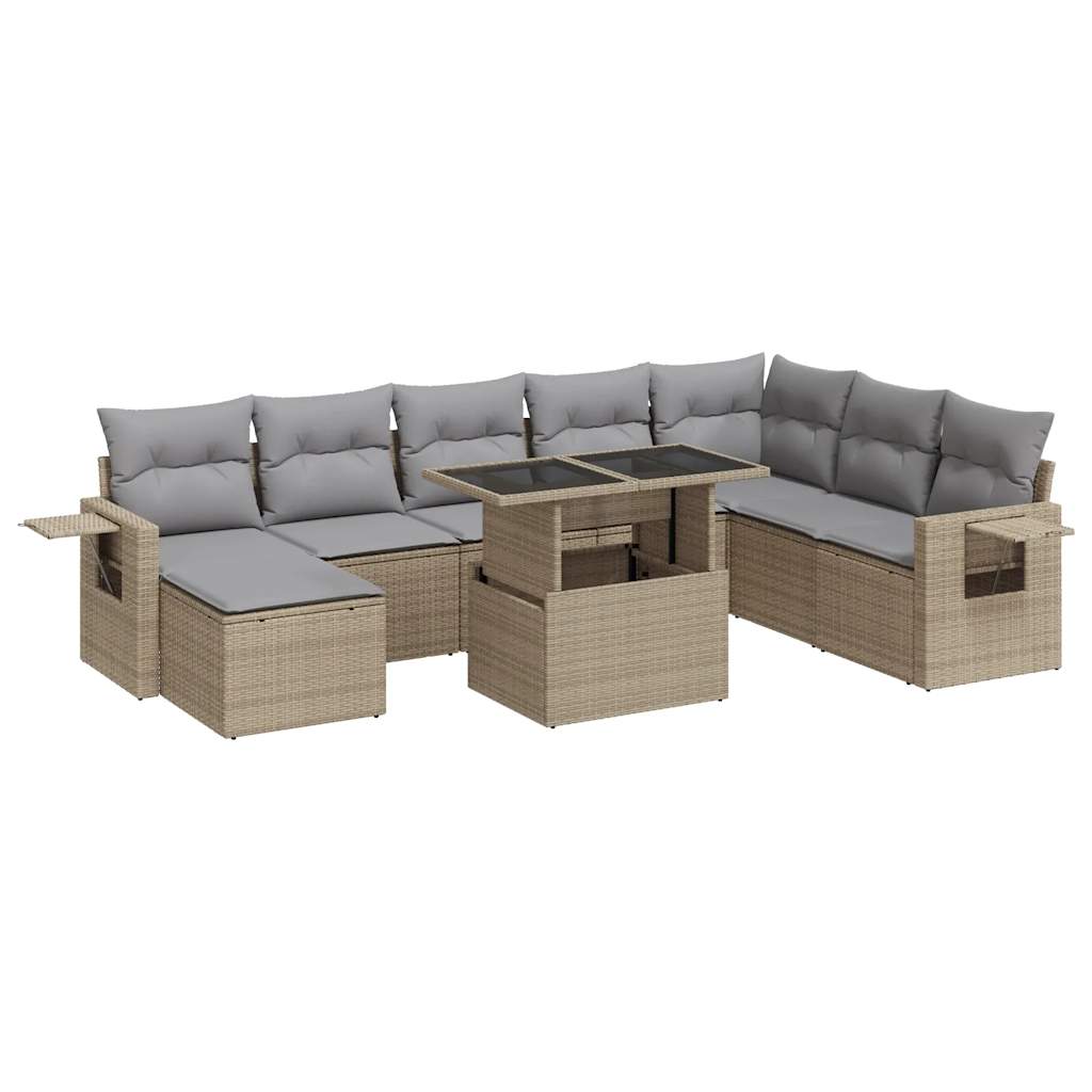 Salon de jardin avec coussins 9 pcs beige résine tressée