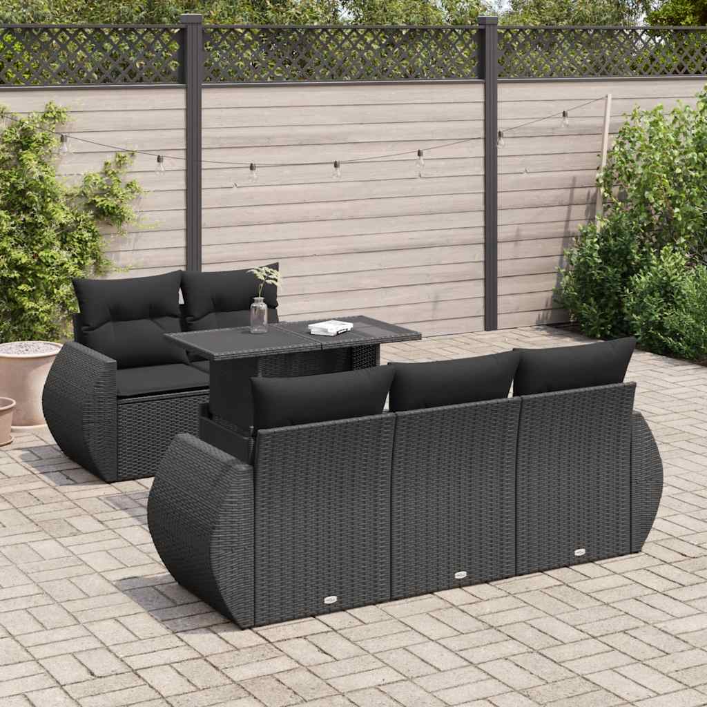 Salon de jardin 6 pcs avec coussins noir résine tressée