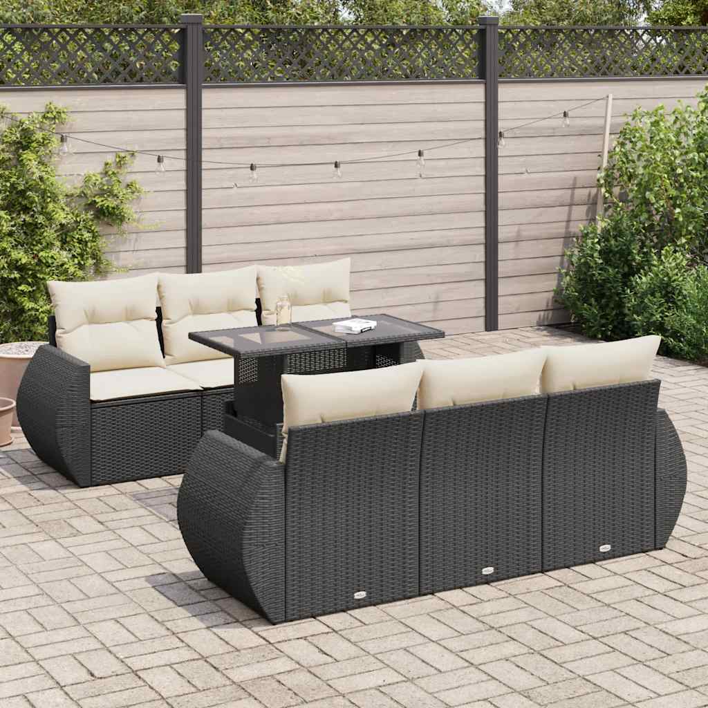 Salon de jardin 7 pcs avec coussins noir résine tressée