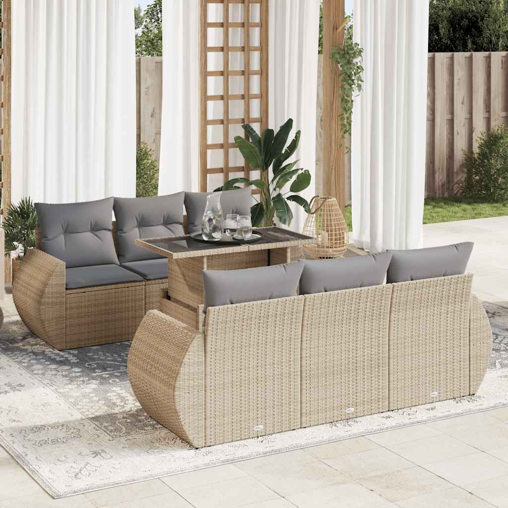 Salon de jardin avec coussins 7 pcs beige résine tressée