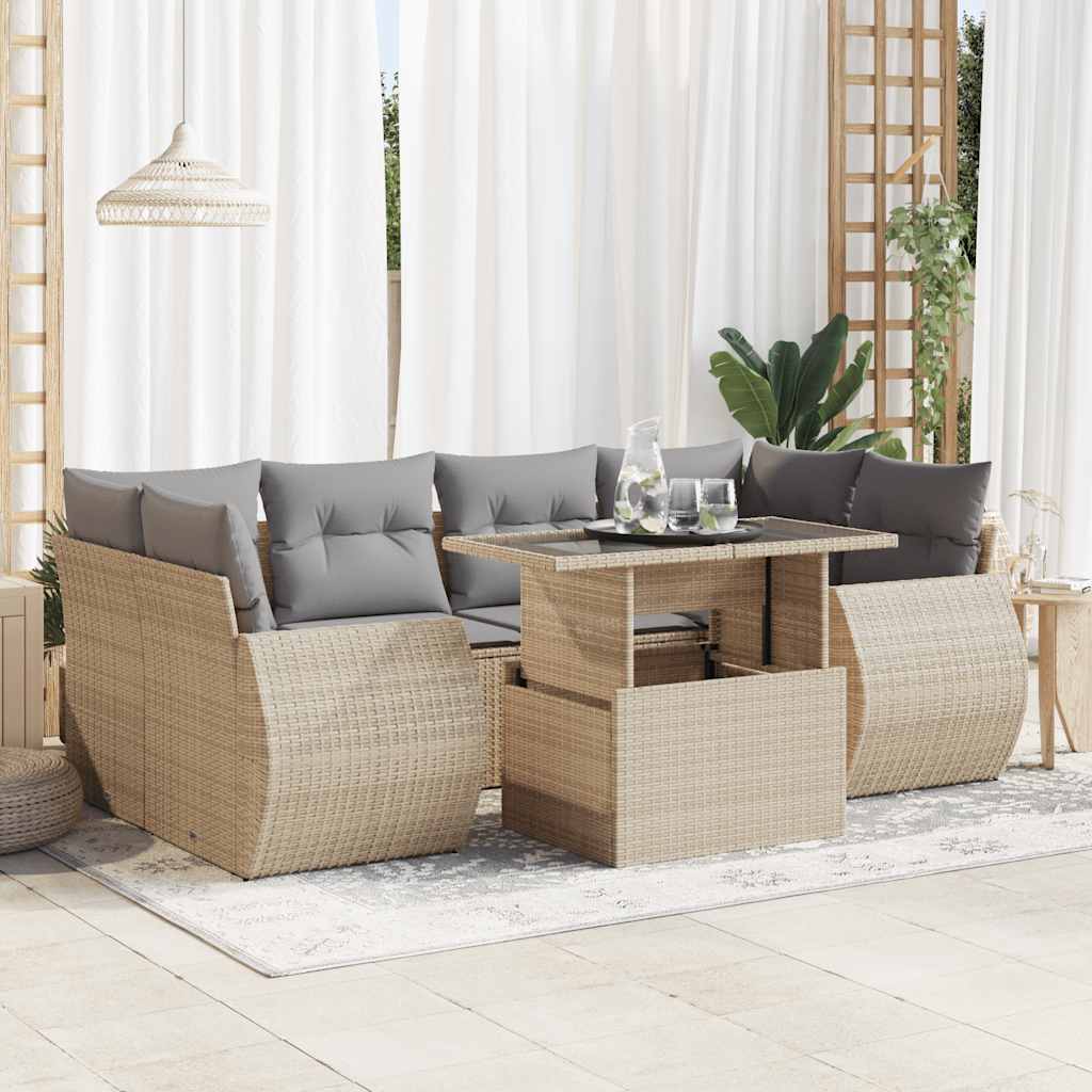 Salon de jardin avec coussins 7 pcs beige résine tressée