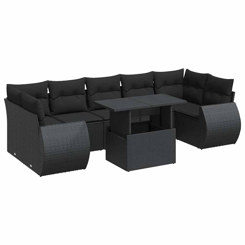 Salon de jardin 8 pcs avec coussins noir résine tressée