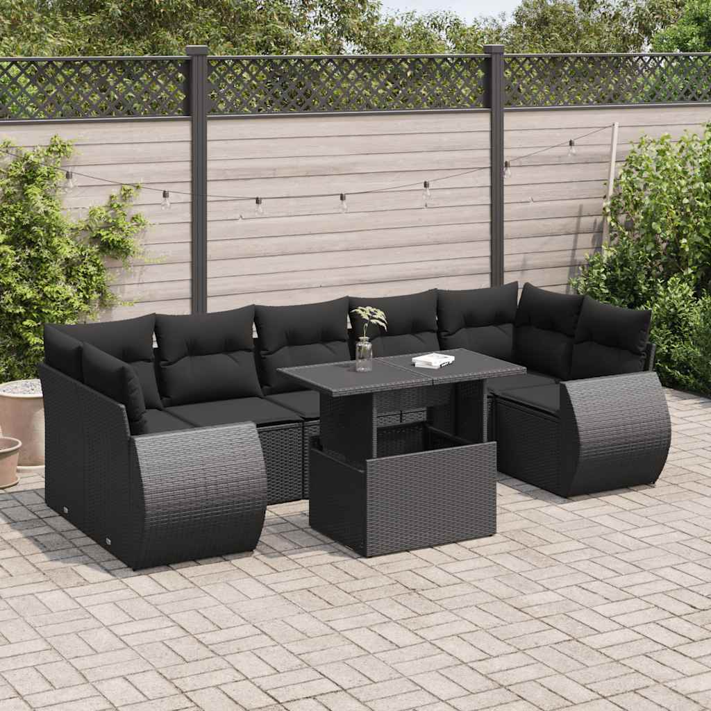 Salon de jardin 8 pcs avec coussins noir résine tressée